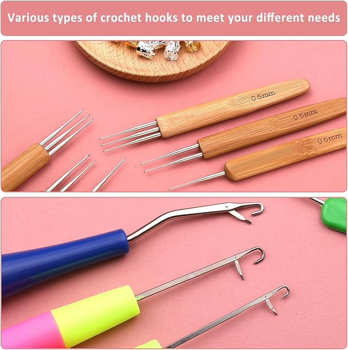 Loc Crochet Needle, 48 Pcs Dreadlock Crochet Hook Tool, 6 Dreadlock Crochet Needle for Hair, Different Size Bent Latch Hook, Crochet Hooks for Hair Braiding with Case and Dreadlocks Tool (Green Bag)