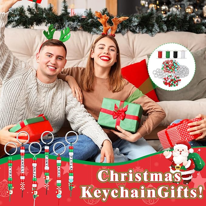 Landical 564 Pcs Christmas Bead Keychain Making Kit DIY Name Bead Key Chain Craft Xmas Bag Charm Letter Alphabet Candy Cane Santa for Xmas Gift Jewelry Key Ring Backpack Accessories(Sweet Color)
