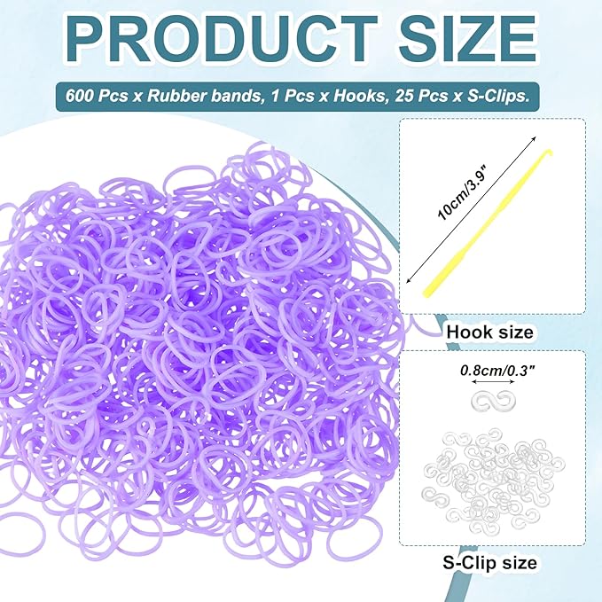 MECCANIXITY 600 Pcs Loom Rubber Bands Kit with 25 Pcs S-Clips 1-Hook Rubber Bands Refill Bracelet Making Kits for Weaving DIY Handcrafts Gift, Light Purple