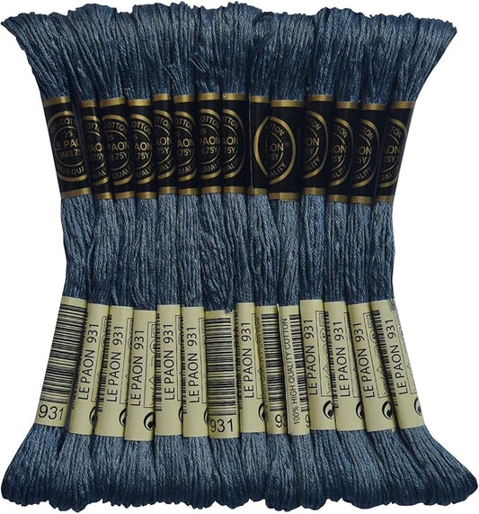 LE PAON Embroidery Floss, 14-Pack Six Strands 100% Long Staple Cotton Embroidery Thread, 8.7-Yard，Color Number：931,Medium Antique Blue