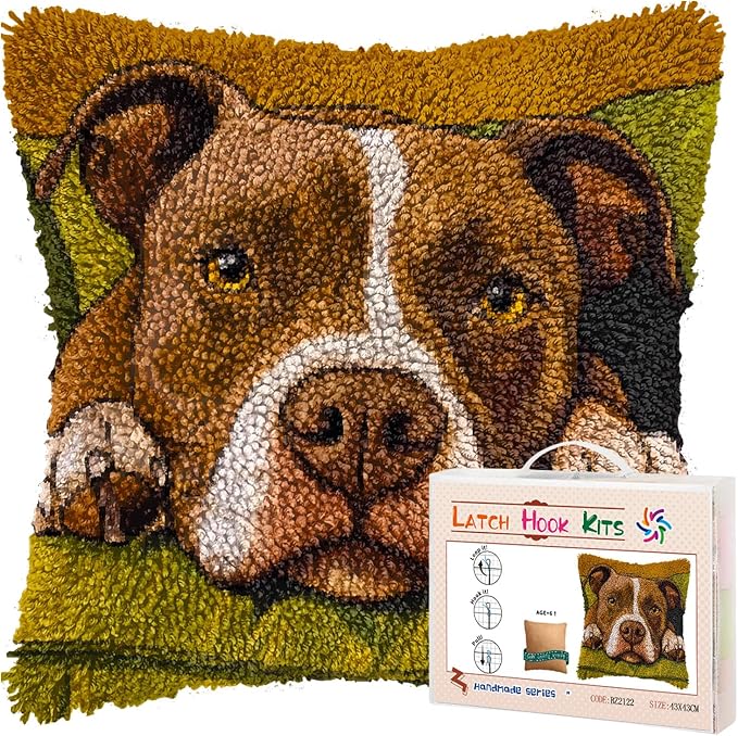 DIY Latch Hook Pillow Kits for Adults Cartoon Pitbull Dog on Sofa Printed Pillowcase Crochet Yarns Hooking Handmade Pillow Cover Cushion for Home Sofa Decoration 17x17inch-4