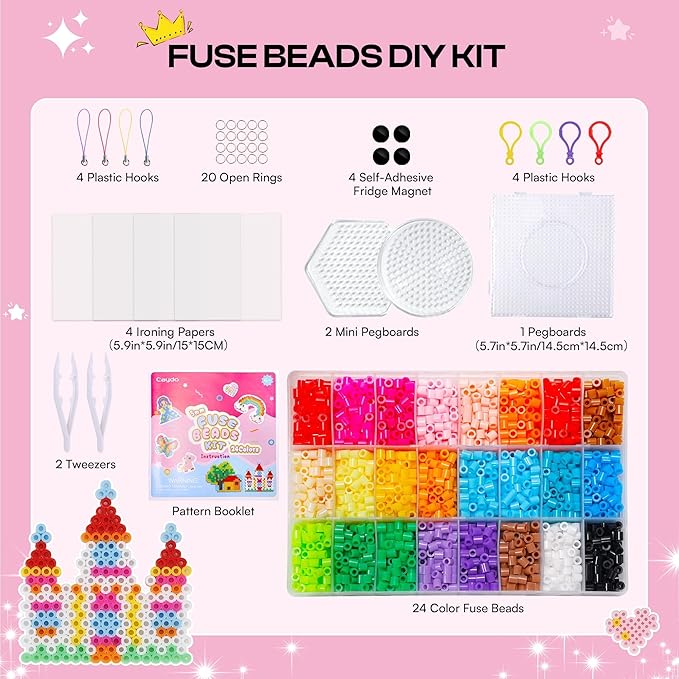 caydo 24 colors fuse beads kit, 5mm ironing beads for kids kit with patterns instruction, 3 pegboards, keychains, accessories & gift box for art and craft project, birthday