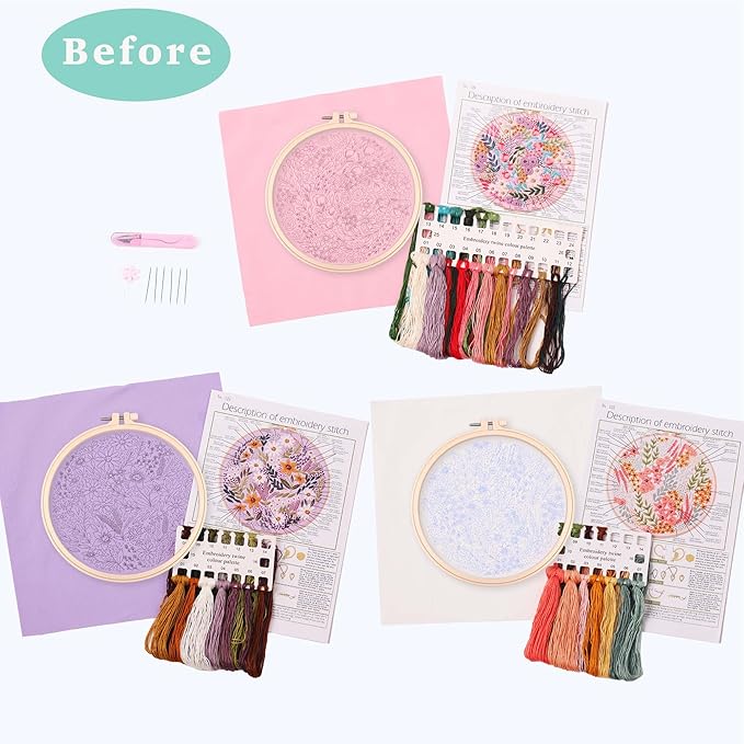reewisly 3 pack embroidery starter kit with patterns and instructions, diy adult cross stitch kits beginner, including 3 plastic embroidery rings, 1 scissors, colored threads and needles
