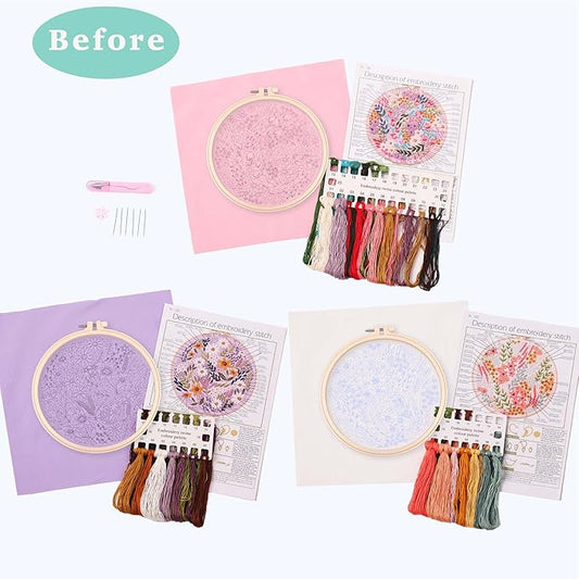 reewisly 3 pack embroidery starter kit with patterns and instructions, diy adult cross stitch kits beginner, including 3 plastic embroidery rings, 1 scissors, colored threads and needles