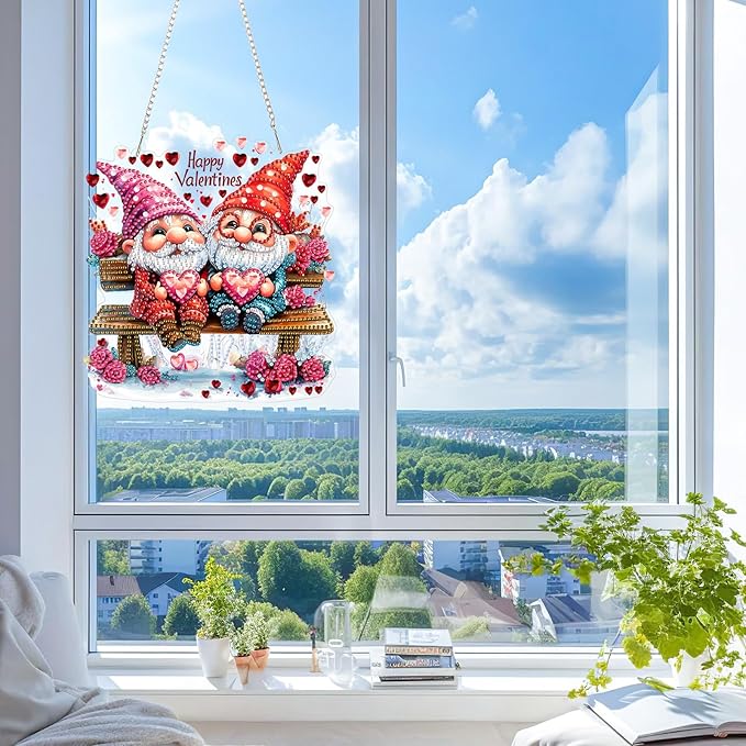 KEYIFA Love Hanging Diamond Art Painting Kits for Adults and Kids Age 8-12, 5D Special Shape Diamond Dots Kit Gnomes, Crystal Gem Painting Art Crafts for Window, Wall, Door, Garden Decor