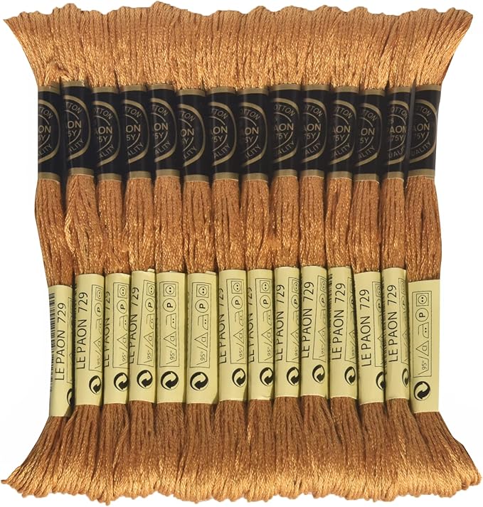 LE PAON Embroidery Floss, 14-Pack Six Strands 100% Long Staple Cotton Embroidery Thread, 8.7-Yard，Color Number：729, Medium Old Gold