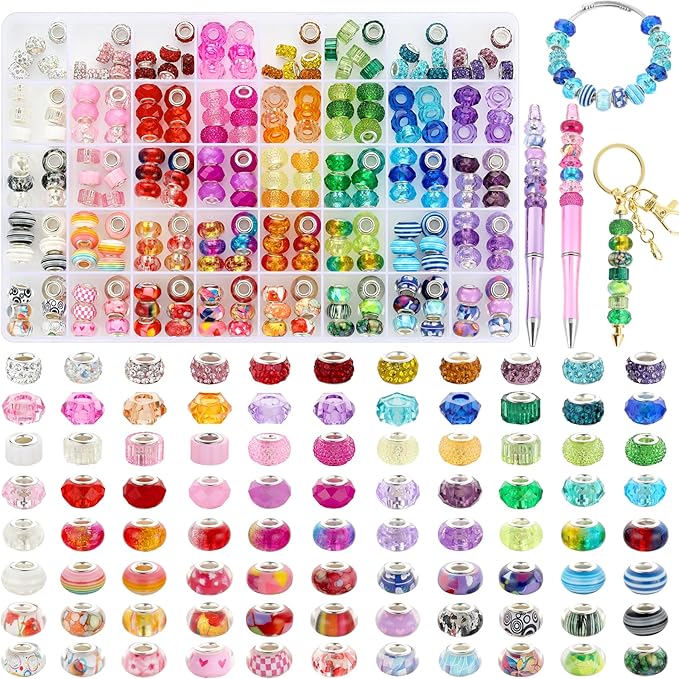 240 Pcs Large Hole Beads, Funtopia 40 Grids Rainbow European Beads for Crafts, Colorful Spacer Bead for Jewelry Making, DIY Charm Bracelets Necklaces Pens and Decorative Crafts, for Girls and Adults