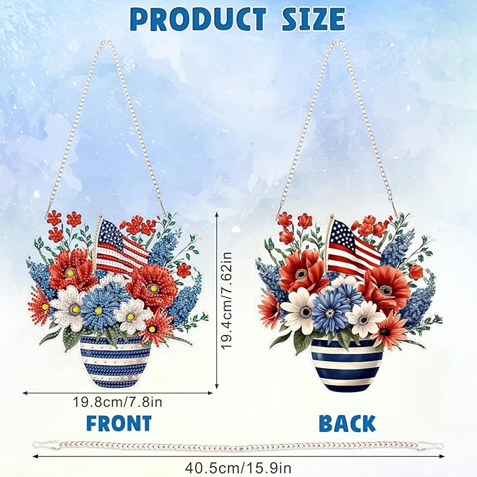 DOMROM 4TH of July Diamond Art Hanging Kit for Adult, Flower Diamond Art Hanging Kit, Patriotic DIY Diamond Art, Independence Day Diamond Hanging Pendant, Window Pendants Garden Wall Hanging Ornament
