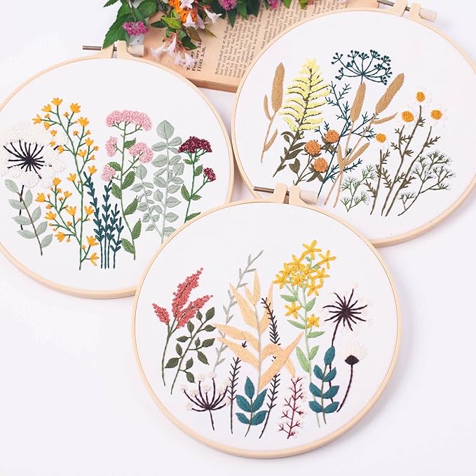 harimau 4pcs beginner embroidery kit,flower pattern,cross stitch kits, including stamped embroidery cloth with 2 embroidery hoops, multicolor color threads for embroidery kit