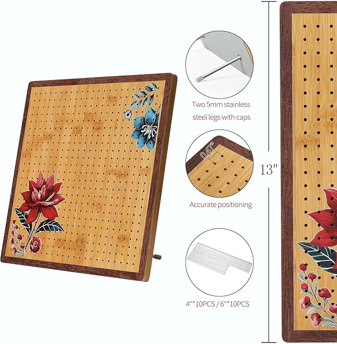 ULOI 13" Crochet Blocking Board - Upgraded Style with 4 Tension Rods and 20 Pegs – Blocking Boards for Crochet Projects, Ideal for Granny Square Card Deck Users (Crimson)