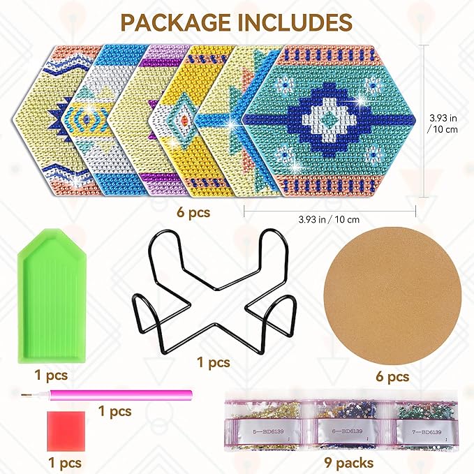 Vcekract Diamond Painting Coasters Kits, 6 Pieces Hexagon Diamond Painting Coasters with Holder, DIY Diamond Art for Adults, Diamond Painting Kit for Beginners