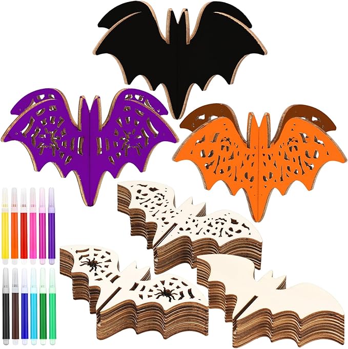 Blosssound 48 Pcs Summer Halloween Craft Set 36 Wood Bats for Crafts 3D Bats Cutouts with 12 Colored Marker Wooden Unfinished Slices to Paint for Summer Halloween DIY Handmade Tiered Tray Decor