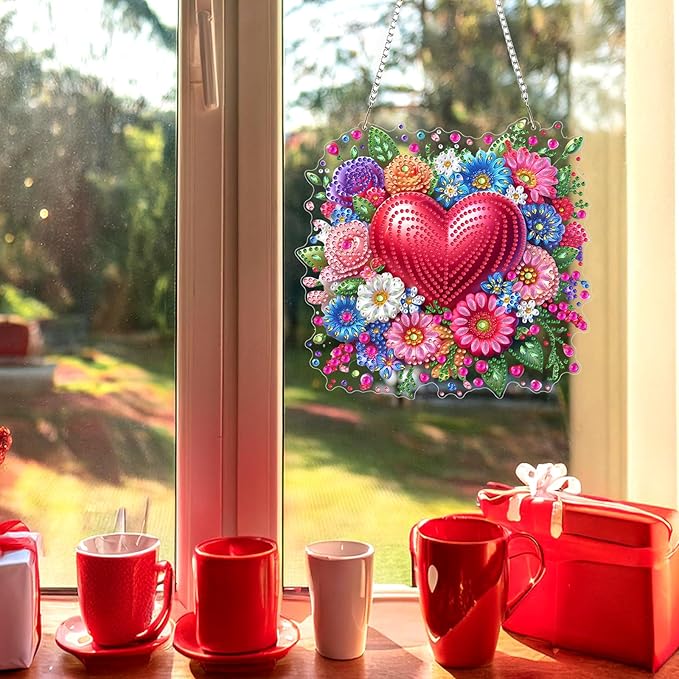Valentine's Day Diamond Art Hanging Ornaments Kits for Adults, Heart Flower Diamond Painting Pendant Kits, DIY Acrylic 5D Special Shaped Crystal Gem Art Painting Ornament for Home Wall Decor Gift