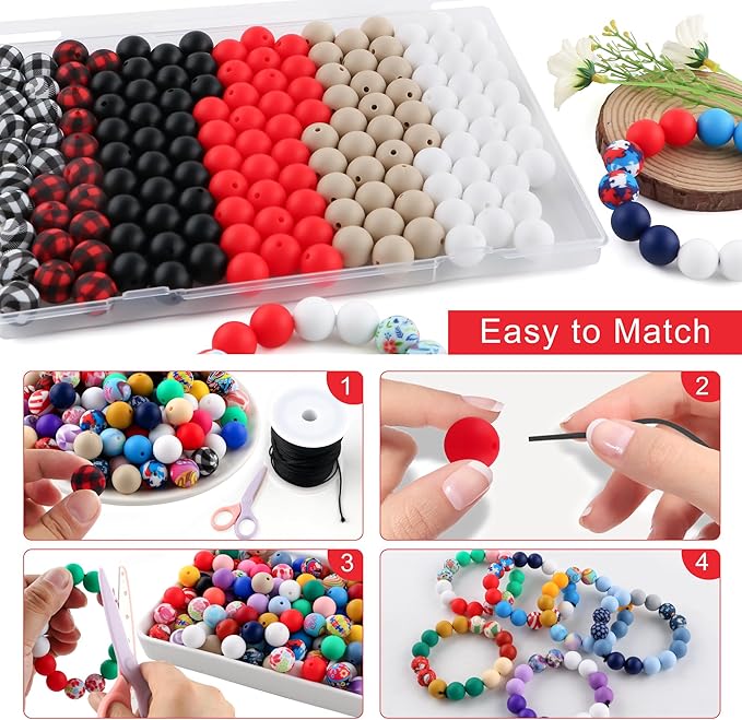 150Pcs Mixed Color 15mm Silicone Beads for Keychain Making, White Black Grid Print Silicone Beads for Pens and Bracelet Jewelry Making