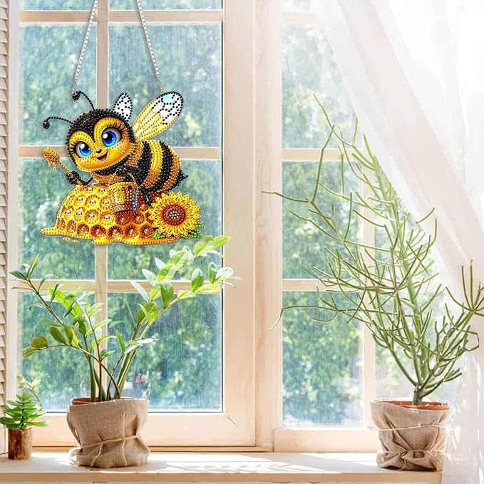 CEOVR Bee Hanging Diamond Art for Adults, Bee Honey Diamond Painting Pendant DIY Gem Art Wall Hanging Ornament, Acrylic Home Garden Decor with Chain, Box Kit 7.77×7.3inch