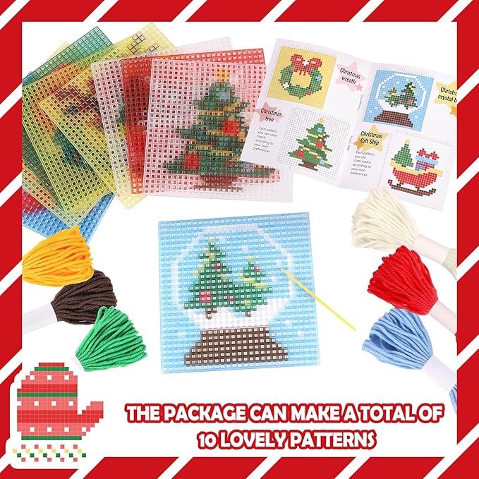 Pllieay Christmas 10-in-1 Cross Stitch Beginner Kit for Kids, Includes Instruction of 10 Different Patterns, 10 Printed Plastic canvases for Needlework, Needlepoint Starter Sewing Set