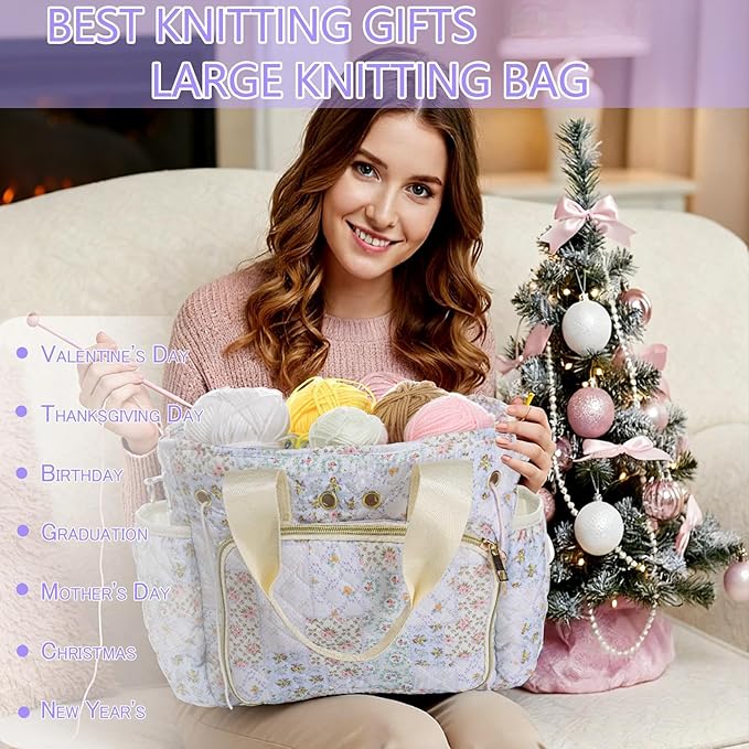 SilTriangle Large Floral Quilted Crochet Knitting Bags and Totes Organizer Cotton Yarn Hook Bag Holder Christmas Corduroy Gift for Crochet Lover Crocheting Accessories, Needle with Zipper, Size M