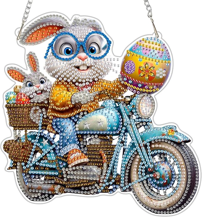NEWENMO Diamond Art Hanging Kit for Adult, Playful Bunny, DIY Double Sided Acrylic Special Shaped Diamond Art Painting Window Pendant Happy Easter Bunny, Home Garden Wall Hanging Ornament Kits