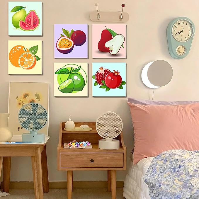 Canrichshop 6 Pack Paint by Numbers Kit for Adults & Kids Ages 4+ Framed-with Wooden Easel,Easy DIY Fruit Oil Painting on Canvas,Acrylic Paint by Number Beginner with Frame for Decor 8x8inch