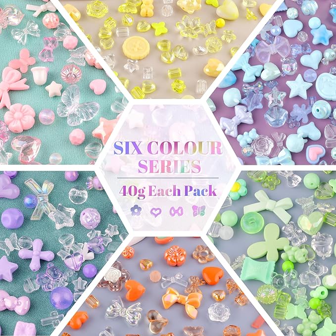 400-450PCS TINKRSTUFF Assorted Acrylic Beads For Bracelet Making, Cute Beads For Jewelry Making Flower Bow Butterfly Candy Gummy Bear Kawaii Aesthetic Beads,DIY Necklace Keychain Phone Charm(6 Colors)