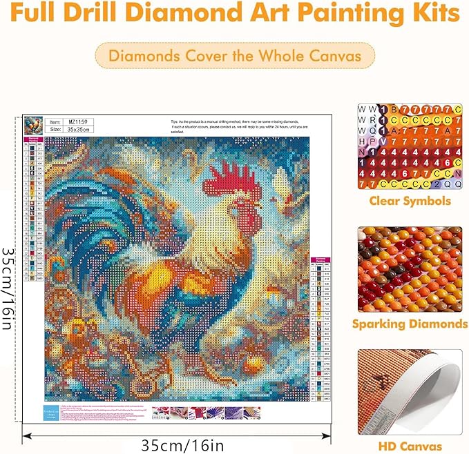 Axquilon Diamond Art Kits for Adults - Chicken Diamond Painting Kits for Adults Beginner, DIY 5D Full Drill Gem Art for Home Wall Decor 14x14 inch