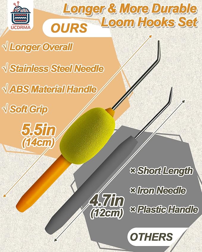 UCDRMA Knitting Loom Hook with Soft Grip, More Comfortable Loom Knitting Hook for Arthritic Hands, 6PCS Longer Loom Crochet Hooks (5.5in) Stainless Steel Yarn Loom Hooks with 12 Sewing Needles (M)