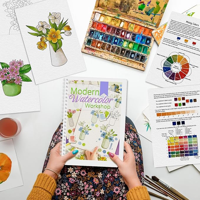 Watercolor Workbook, Watercolor Workbook Paint Book Beginner Friendly, 12 Different Patterns Stress-Relieving Art Crafts for Creative Exploration Gift for Women Adults Teens (Bouquet, 1)