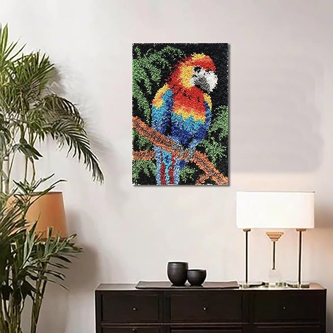 KitsMaster Tropical Parrot Paradise Latch Hook Kit, Bright Macaw Rug Craft for Adults & Beginners, Wall Hanging Craft Kit with Pre-Printed Canvas, Color-Coded Yarn, 23.6''x15.8'' (Tropical Parrot)