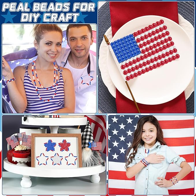 UPINS 1200Pcs Red White Blue Beads, 4th of July Patriotic Round 6mm Pearl Beads for Jewelry Making Independence Day Party Decoration Necklace Bracelets Earrings Hair Beads DIY Crafts Supplies