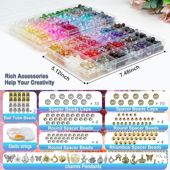 Hanyoung 8mm Glass Beads for Bracelet Making kit, 96 Colors 2900 pcs Crackle and Solid Beads Jewelry Making, Crystal Glass Round Beads for DIY Crafts Gifts (Solid & Crackle Color)