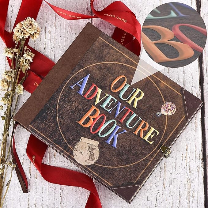 Scrapbook Photo Album,Our Adventure Book, Embossed Words Hard Cover Movie Up Travel Scrapbook for Anniversary, Wedding, Travelling, Baby Shower, etc (Adventurebook Letter)