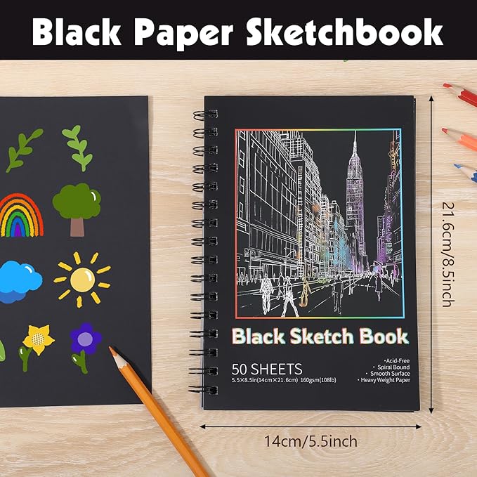 50 Sheets Black Paper Sketchbook, 108 lb/160gsm Heavyweight Black Sketch Pad 5.5×8.5in, Acid-Free Drawing Paper, Spiral Bound Sketch Book for Kids, Teens, Artist