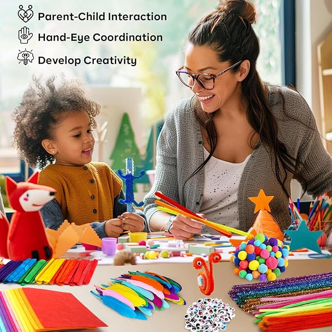 FUNZBO Arts and Crafts Supplies for Kids - Easter Crafts Kits with Pipe Cleaners, Construction Paper, Pom poms Googly Eyes, Crafts for Kids Ages 4-8, School Craft Projects, Birathday Gifts for Girls