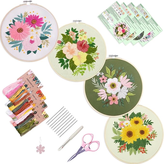 bonroy 4 sets embroidery set for beginners, art craft, easy sewing embroidery kit includes embroidered clothes with patterns, embroidery hoops, instruction manual, color stitch set (3)