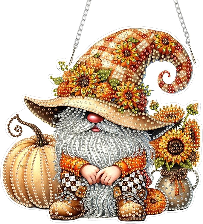 SENQAO Fall Pumpkin Gnome Diamond Art Hanging Kits for Adults Beginners, DIY Acrylic 5D Special Shaped Crystal Diamond Gem Art Painting Hanging Ornament for Home Wall Decor and Gift