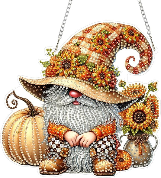 SENQAO Fall Pumpkin Gnome Diamond Art Hanging Kits for Adults Beginners, DIY Acrylic 5D Special Shaped Crystal Diamond Gem Art Painting Hanging Ornament for Home Wall Decor and Gift