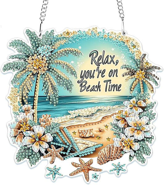 MOGTAA Beach Diamond Art Hanging Pendant Kits, 5D Special Shape Diamond Art Kits for Adults, Crystal Rhinestones Landscape Diamond Painting Gem Art for Home Garden Wall Decor