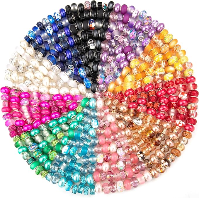 220 Pcs European Large Hole Spacer Beads, Zyehxed Assortment European Craft Beads Colorful Rhinestone Lampwork Beads Fairy Garden Beads For DIY Charms Bracelet Necklace Earring Jewelry Making Supplies