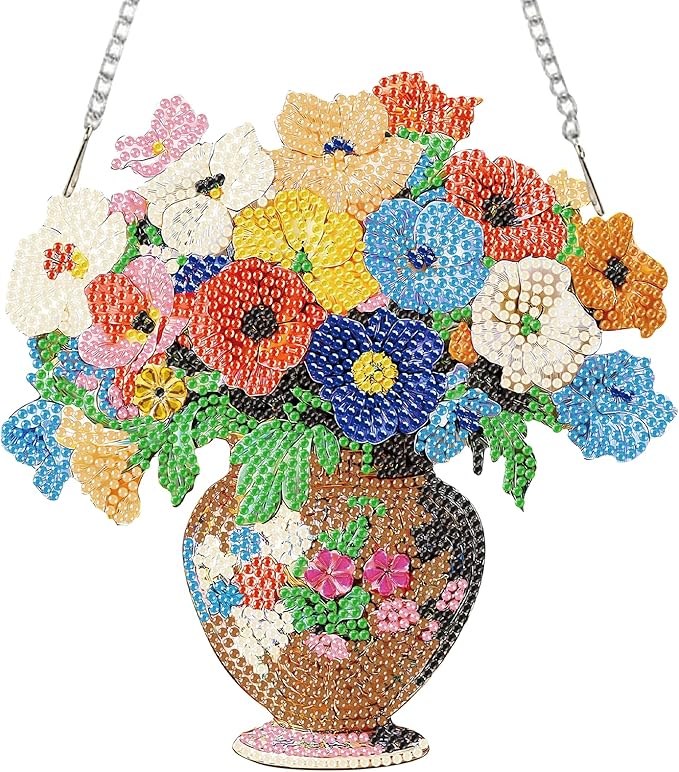 Auremi Vase Flower Diamond Art Hanging Kit for Adult, Special Shaped Rhinestone, DIY Acrylic 5D Flower Diamond Painting Window Pendants Signs, Home Garden Wall Hanging Ornament