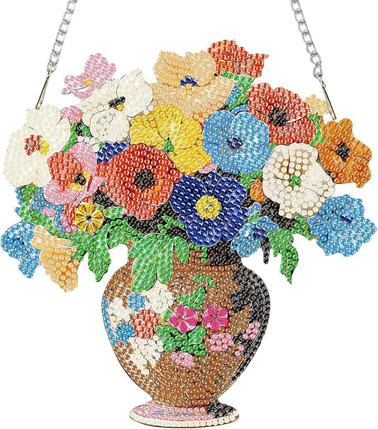 Auremi Vase Flower Diamond Art Hanging Kit for Adult, Special Shaped Rhinestone, DIY Acrylic 5D Flower Diamond Painting Window Pendants Signs, Home Garden Wall Hanging Ornament