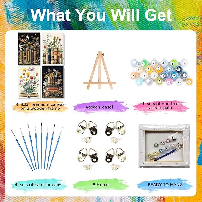 4 Pack Paint by Numbers for Adults with Framed Canvas - with Wooden Easel, Book Paint by Number for Beginners, Flowers Acrylic Oil Painting on Canvas with Brushes for Home Wall Decor (8x12 inch)