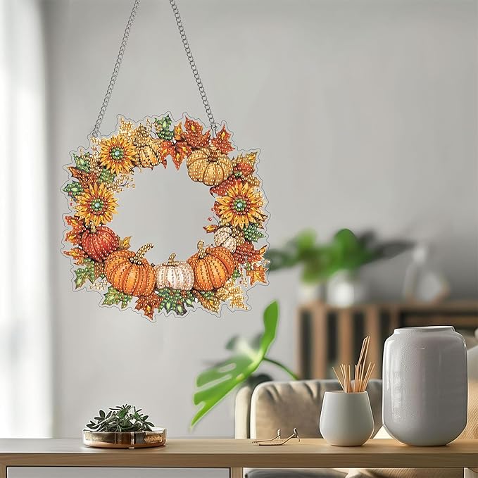 Bimkole Halloween Diamond Art Hanging Kit for Adult, DIY 5D Diamond Art Pumpkin Window Pendant, Acrylic Crystal Art Hanging Ornament Home Wall Garden Front Door Sign Outdoor Decor 7.8x7.8 Inch