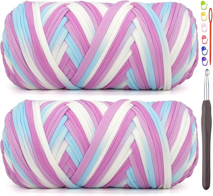 2 Pack Tshirt Yarn for Crocheting,Rainbow T Shirt Chunky Elastic Thick T-Shirt Crochet Yarn for Beginners Crocheting Hand Knitting Bag/Basket/Coasters/DIY Crafts/Home Decor 2 * 200G-Purple White Blue