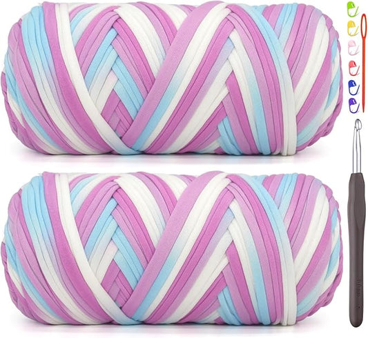 2 Pack Tshirt Yarn for Crocheting,Rainbow T Shirt Chunky Elastic Thick T-Shirt Crochet Yarn for Beginners Crocheting Hand Knitting Bag/Basket/Coasters/DIY Crafts/Home Decor 2 * 200G-Purple White Blue
