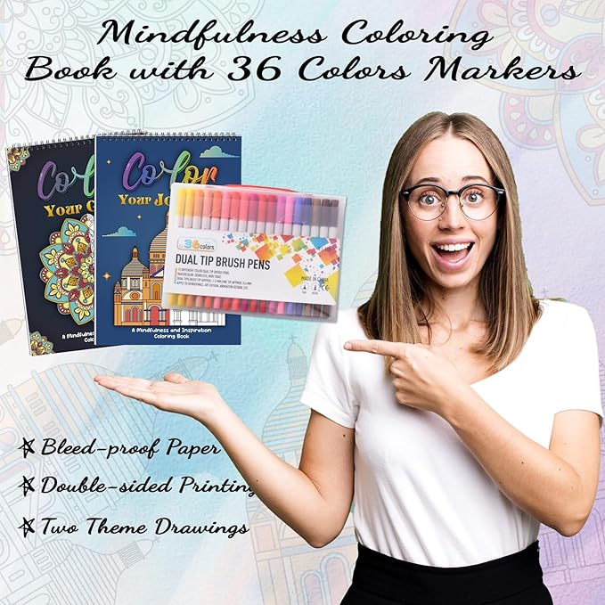 8.3×11.7in Adult Mandala Coloring Book Set for Relaxation, 2 Pack Spiral Bound Coloring Books for Women with 36 Colors Markers, Mindfulness Stress Relief 40 Patterns for Adults, Teens, Ideal Gift