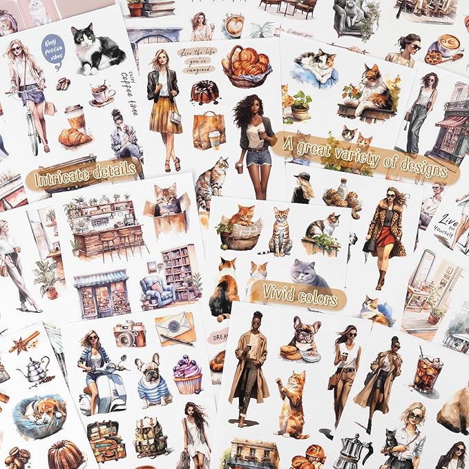 Dizdkizd Coffee and Pet Journaling Stickers for Women, 184 Die Cuts PET and Paper Scrapbook Sticker Kit, Cute Cats and Girl Sticker for Bullet Journals, Planners, Collage