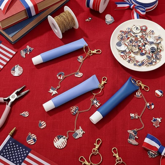 VioraWhite 213 Pcs 4th of July Lip Gloss Keychain Making Kit 250th Anniversary 100 Red White Blue Enamel Charms 32.81 ft Chains for Independence Day Patriotic Decorations DIY Crafts Women