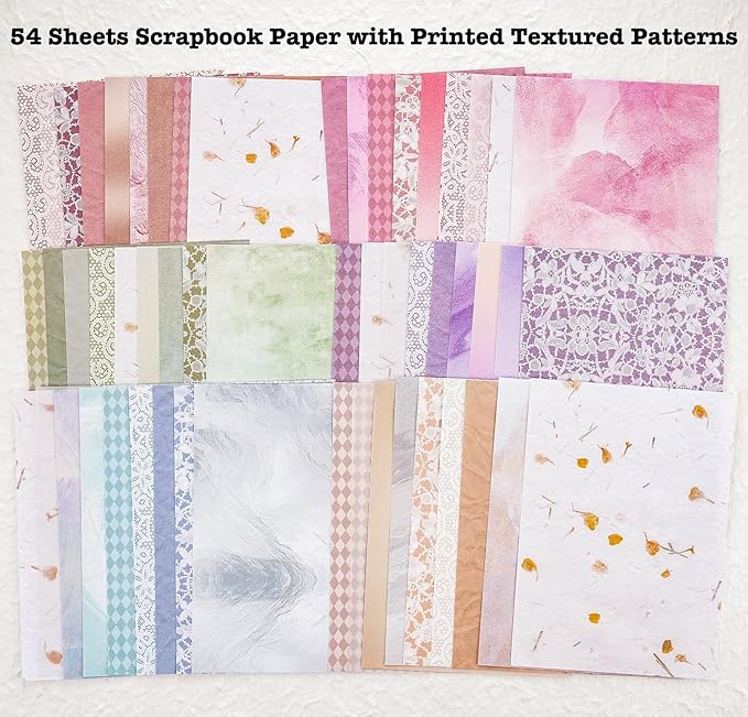 90 Sheets Scrapbook Paper and Decorative Mesh Fabric Assorted Set - 6 Pack Mixed Special Paper for Scrapbooking Planner Bullet Junk Journal Supplies Mixed Media Collage Card Embellishment 5.1x7 Inch