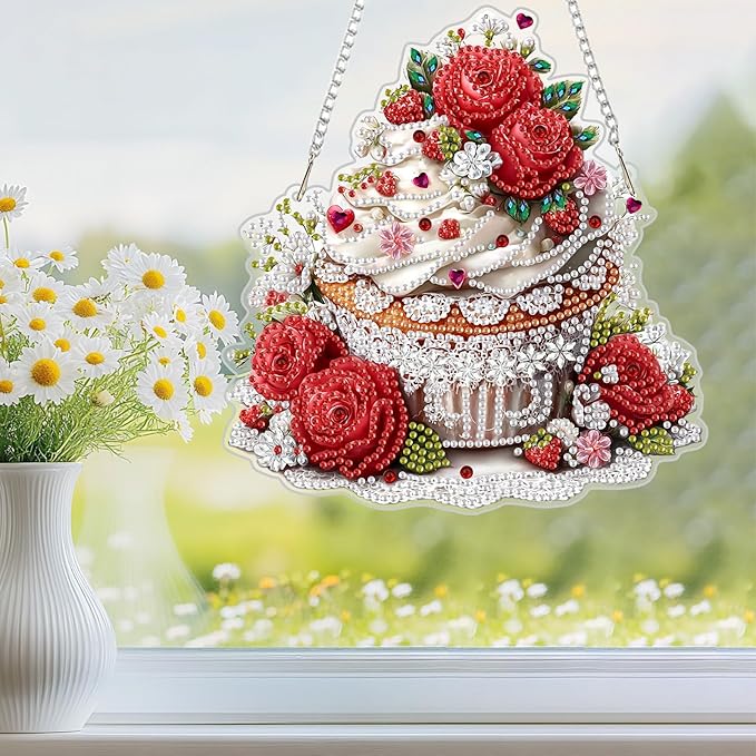 NEWENMO Diamond Art Hanging Kit for Adult, Valentine's Day Cake, DIY Double Sided Acrylic Special Shaped Diamond Art Painting Window Pendant Rose Cake, Home Garden Wall Hanging Ornament Kits