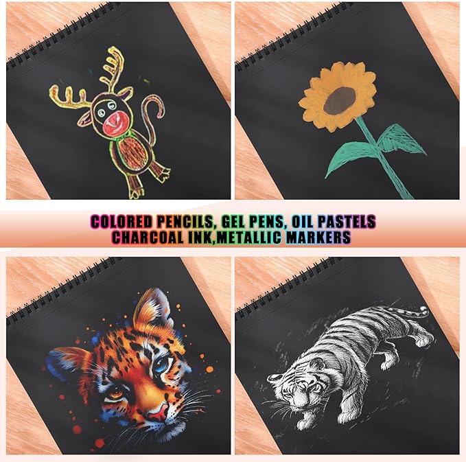 30 Sheets Black Paper Sketchbook, 98lb/160gsm Heavyweight Black Sketch Pad 8.3×11.7in, Acid-Free Drawing Paper, Spiral Bound Sketch Book for Kids, Teens, Artist
